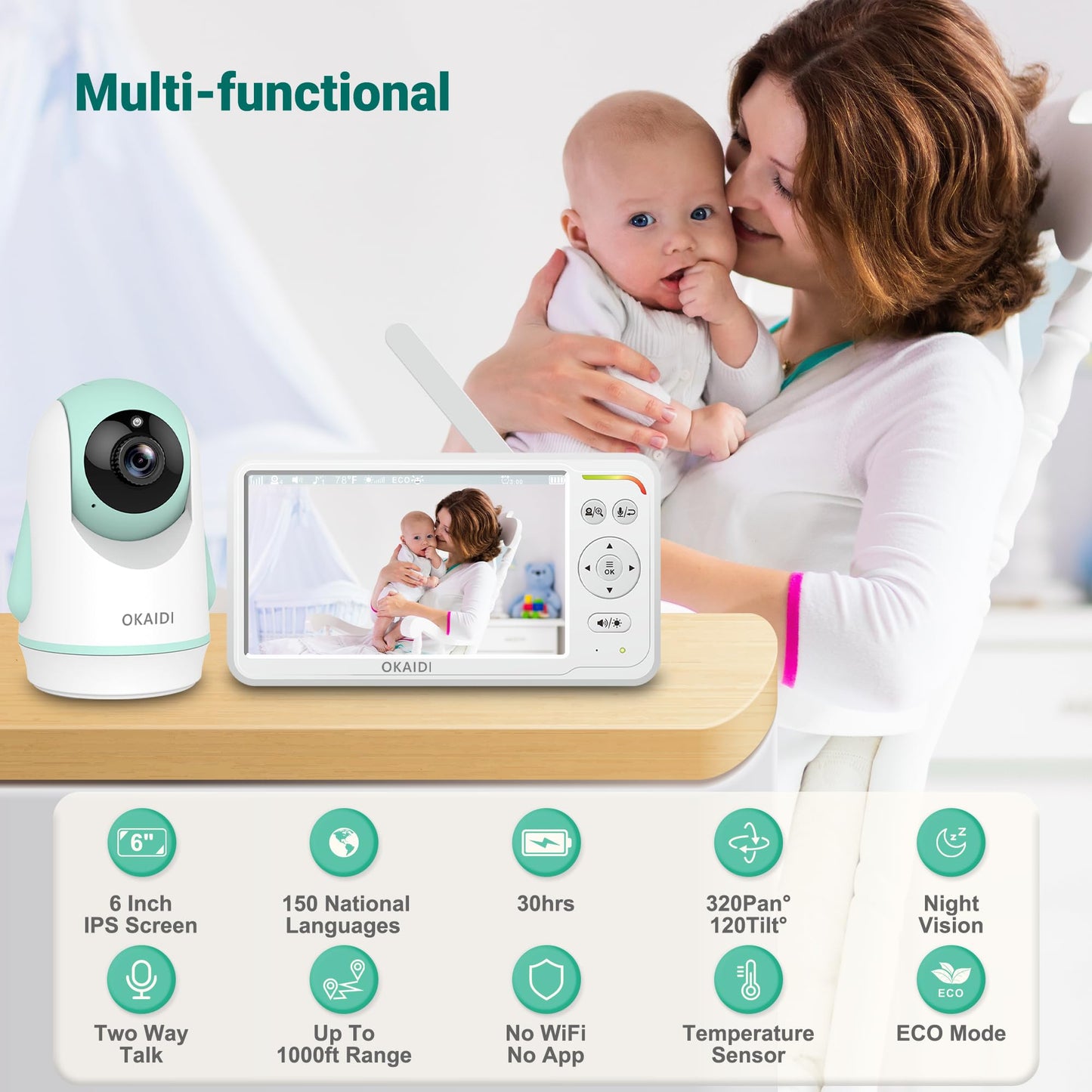 Baby Monitor with Camera and Audio,6.0" IPS Screen Baby Camera Monitor with 150 Languages Supported,30H Battery,1000ft Range Travel Baby Monitor No WiFi,Night Vision,2-Way Audio
