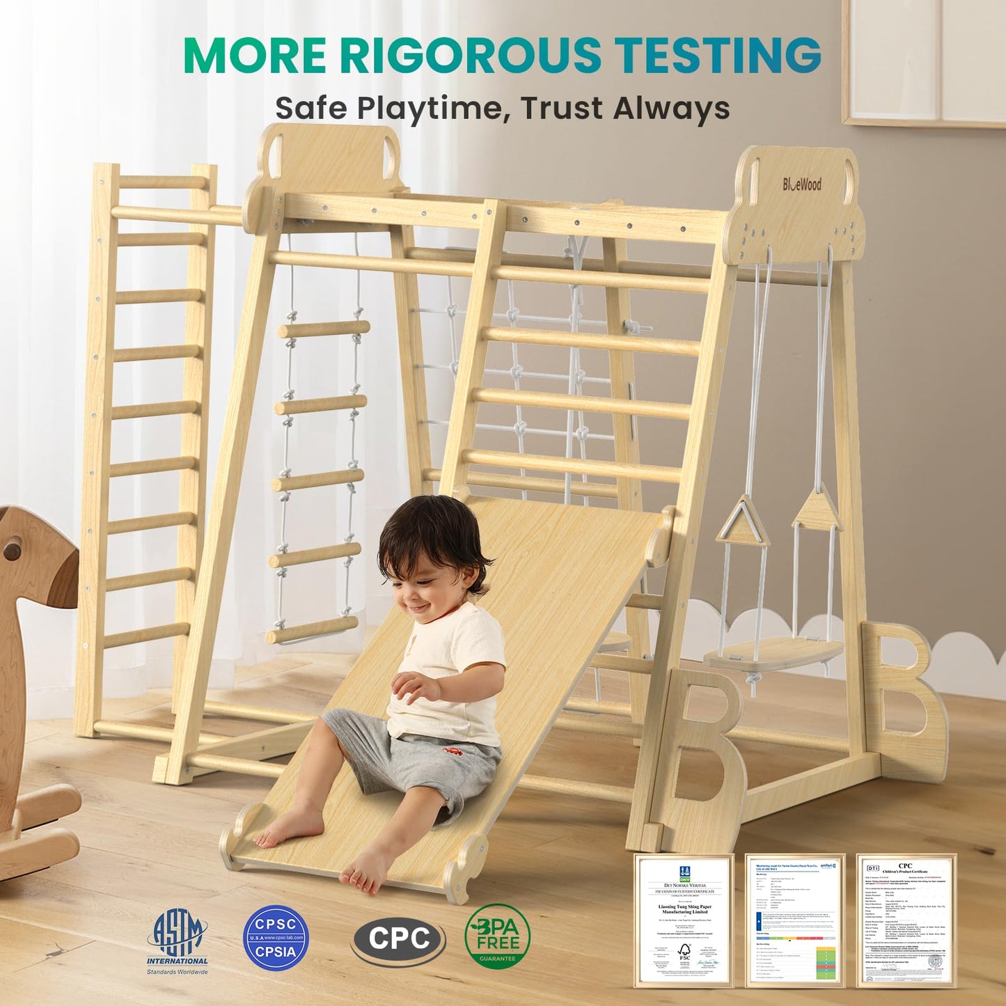 Upgraded Indoor Playground 9-in-1 Jungle Gym Kids Climbing Toys, Montessori Philosophy Waldorf Style Wooden Climber Playset with Slide, Swing, Monkey Bars, Upright/Rope Ladder, Climb Net, Rainbow