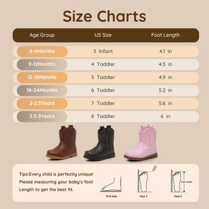 Blikcon Toddler Cowboy Boots for Boys Girls Baby Infant Cowgirl Boots Round Toe All Seasons 6-36 Months (Infant/Toddler)