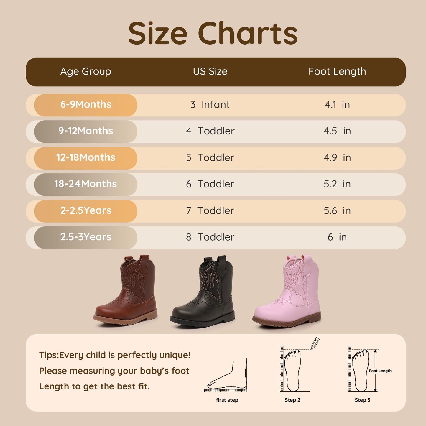 Blikcon Toddler Cowboy Boots for Boys Girls Baby Infant Cowgirl Boots Round Toe All Seasons 6-36 Months (Infant/Toddler)