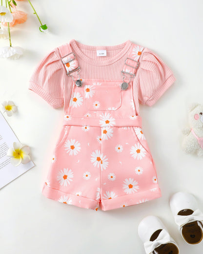SUNNY PIGGY Toddler Baby Girl Overalls Clothes Toddler Adjustable Suspender Jumpsuit Short Sleeve Outfit Little Girl's Set