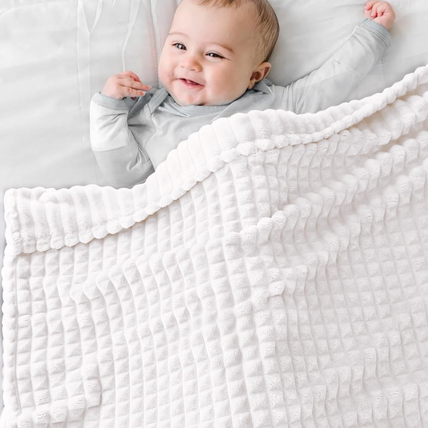 HOMRITAR Baby Blanket for Boys Girls Fleece Super Soft Plush Fuzzy Cozy Toddler Blanket with Square 3D Jacquard Grid Design Luxury Lightweight Bed Blanket for Newborn Infant Cream, 30 x 40 Inch