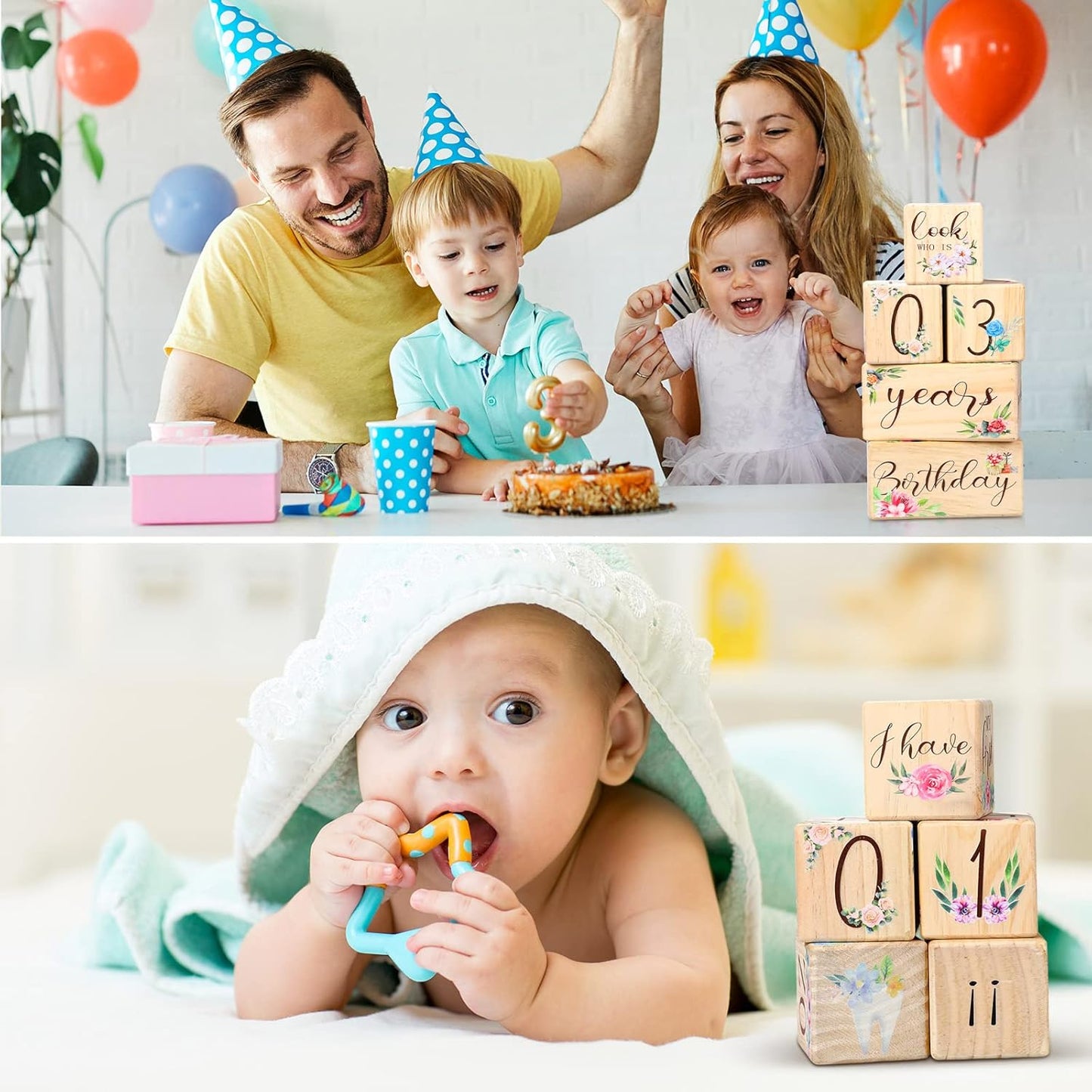Sintuff 6 Pcs Baby Monthly Milestone Blocks Set Flower Natural Wooden Newborn Age Blocks with Week Month Year Grade Day Baby Age Photo Props for Girls Boys Shower Birthday Gift Decor