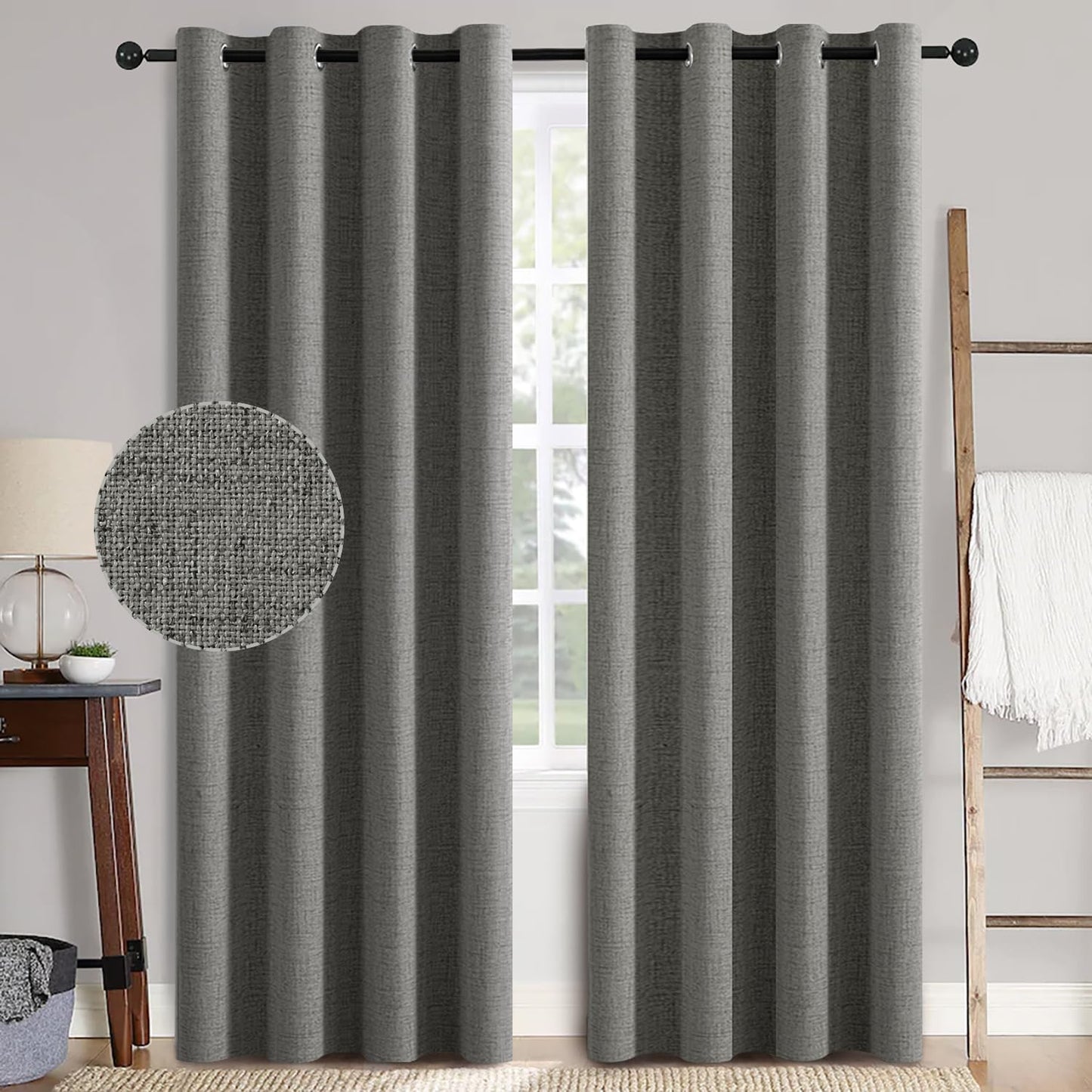 MIULEE 100% Blackout Linen Textured Curtains for Bedroom Solid Thermal Insulated Natural Beige Grommet Room Darkening Curtains & Drapes Luxury Decor for Living Room Nursery 52 x 84 Inch (2 Panels)
