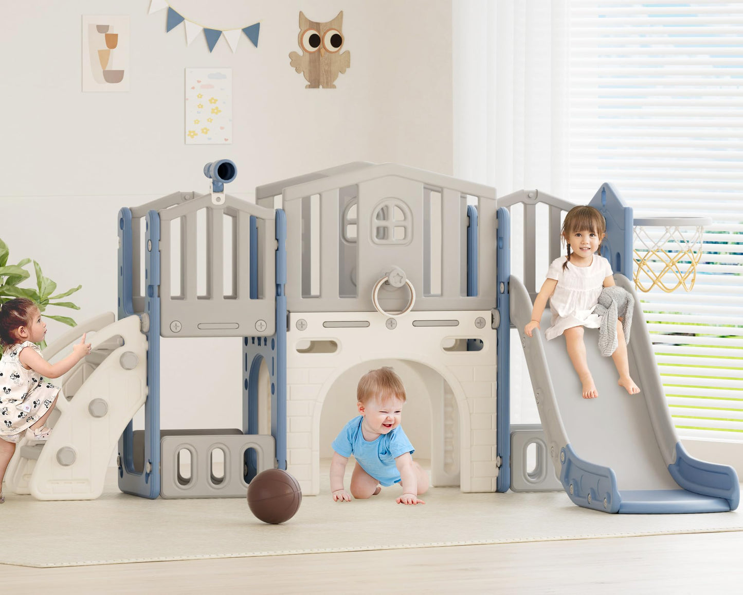 XJD 9 in 1 Toddler Slide Set, Kids Slide for Toddlers Age 1+, Toddler Climber Slide PlaySet with Basketball Hoop and Ball,Outdoor Indoor Playground for Toddlers 1-3 (Blue)