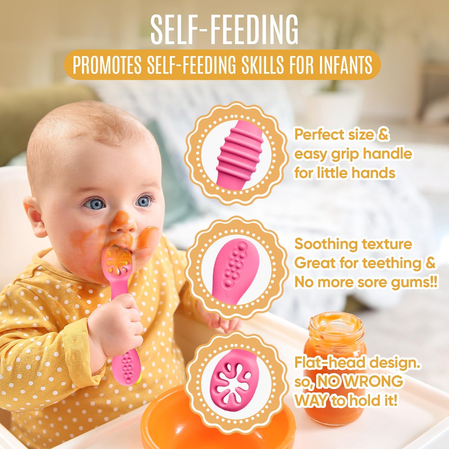 4pc Silicone Baby Spoons Self Feeding Baby Utensils 6-12 Months - 3 Baby Spoon - 1 Baby Fork - Toddler Cutlery Set - BPA Free, Dishwasher Safe, Baby Eating Essentials (Light pink/Army Green)