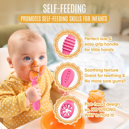4pc Silicone Baby Spoons Self Feeding Baby Utensils 6-12 Months - 3 Baby Spoon - 1 Baby Fork - Toddler Cutlery Set - BPA Free, Dishwasher Safe, Baby Eating Essentials (Light pink/Army Green)
