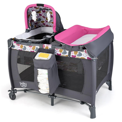 BABY JOY 5 in 1 Pack and Play, Portable Baby Playard w/Bassinet & Diaper Changing Table, Infant Pink Bassinet Crib with Toys & Music & Oxford Bag for Baby Girl Toddlers (Pink + Purple, Starry Sky)