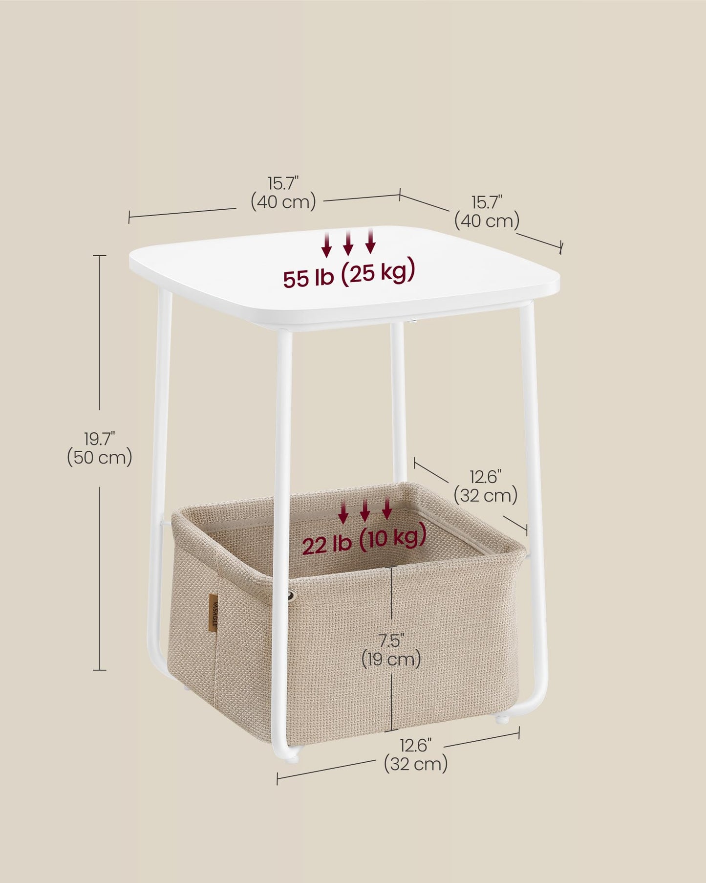 VASAGLE End Table, Small Bedside Table with Fabric Basket, Modern Nightstand, Round Side Table, for Living Room, Bedroom, Matte White and Camel Brown ULET223W10