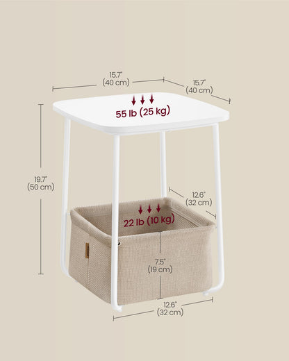 VASAGLE End Table, Small Bedside Table with Fabric Basket, Modern Nightstand, Round Side Table, for Living Room, Bedroom, Matte White and Camel Brown ULET223W10