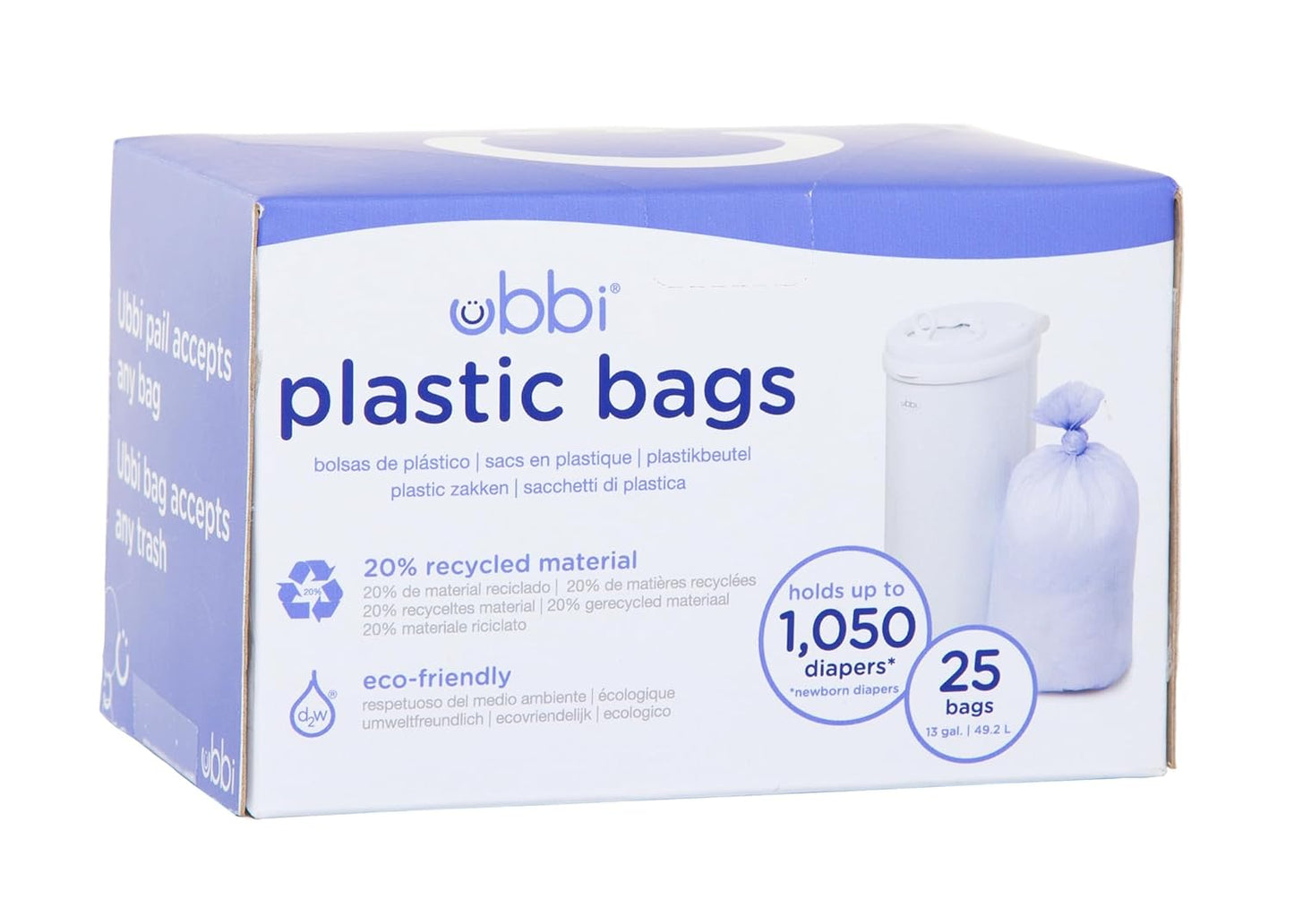 Ubbi Steel Odor Locking & Disposable Diaper Pail Plastic Bags, Single Pack, 25 Count, 13-Gallon Bags