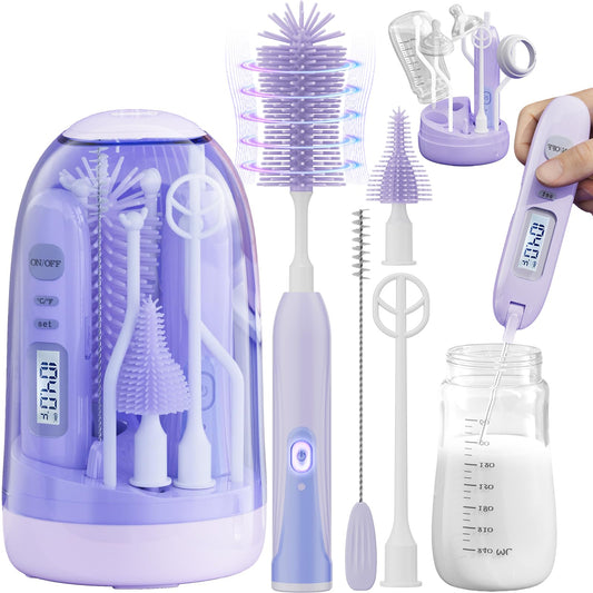 Electric Bottle Brush Cleaner,Rechargable Baby Bottle Brush with Thermometer,Drying Rack,Waterproof Baby Bottle Cleaner with Nipple&Straw Brush,Perfect Essentials Gift for New Mom (Violet)
