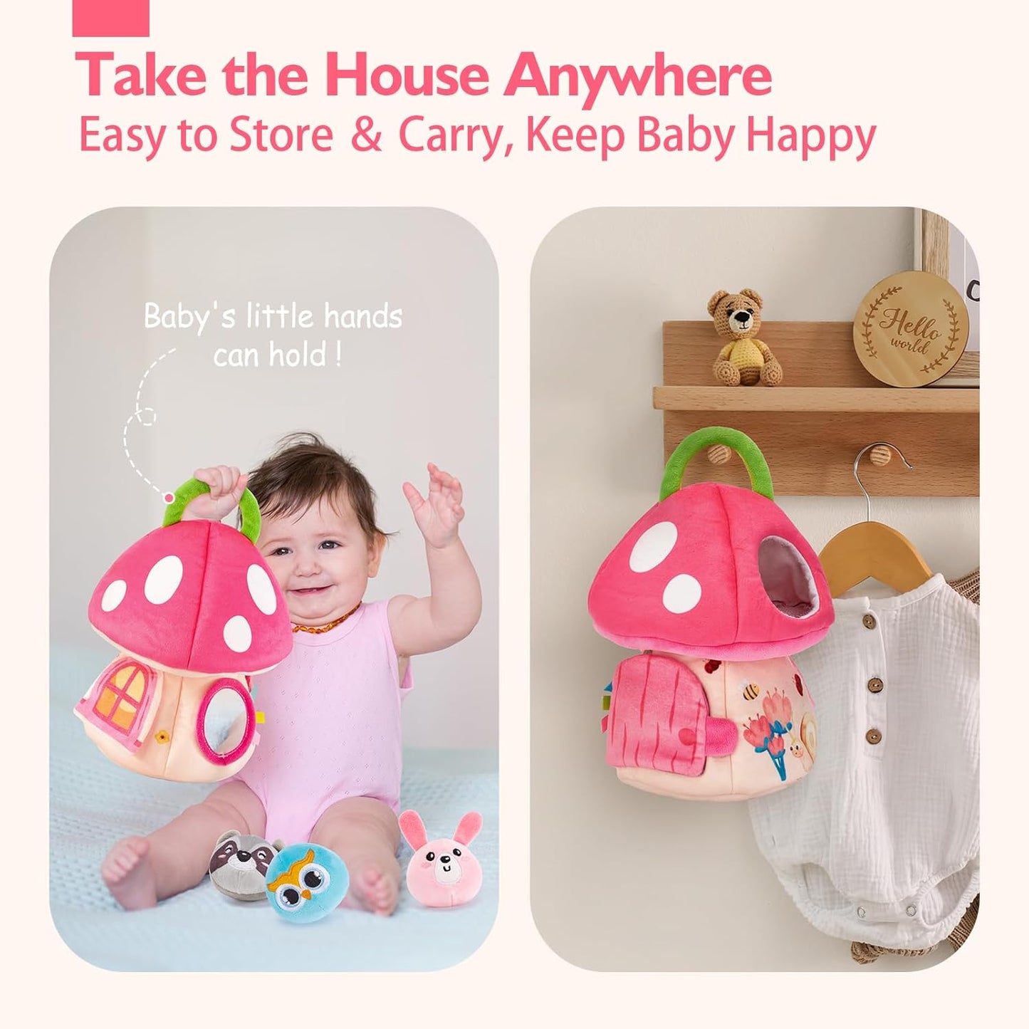 hahaland Baby Girl Toys 6-12 Months - My First Mushroom House with Stuffed Jungle Animals, Rattle, Crinkle Paper, Mirror - Developmental Sensory Montessori Toys for Toddlers 1 Year Old Girl Gifts