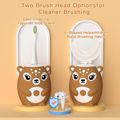 Kids Electric Toothbrush U Shaped Toddler Auto Sonic Toothbrushes with 5 Brush Head,Cartoon Dinosaur Ultrasonic Toothbrushes for Children 2-12 Years,360° Full Mouth Cleaning Automatic