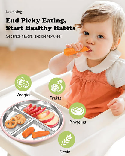 Stainless Steel Baby Plate with Suction, 9” Divided Toddler Plates with Removable Silicone Sleeves for Kids, Non-Toxic Non-Slip Unbreakable Dishwasher Safe Dinnerware Set of 2, Pink & Beige