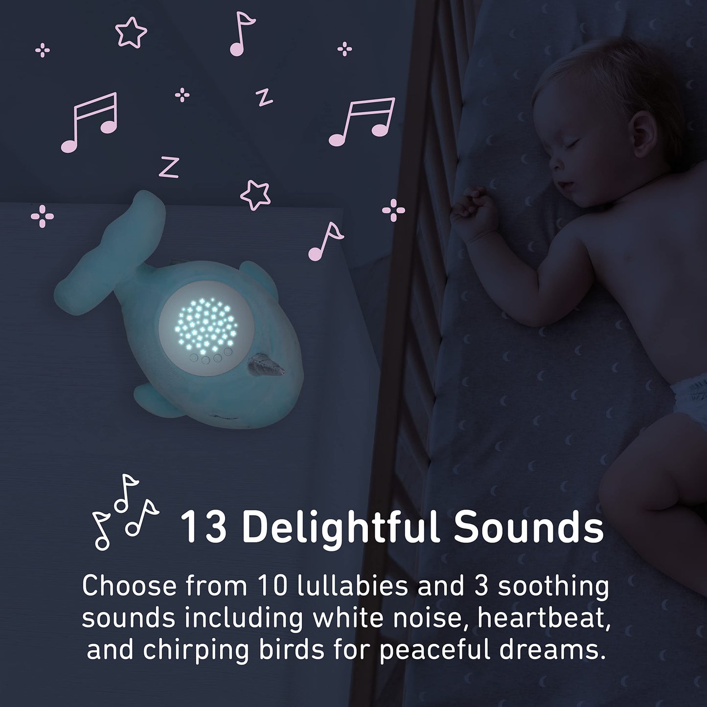 PureBaby Sound Sleepers Portable Sound Machine & Star Projector - Plush Sleep Aid for Baby and Toddlers with Soothing Night Light Display, 10 Lullabies, White Noise, and Heartbeat Sounds (Unicorn)