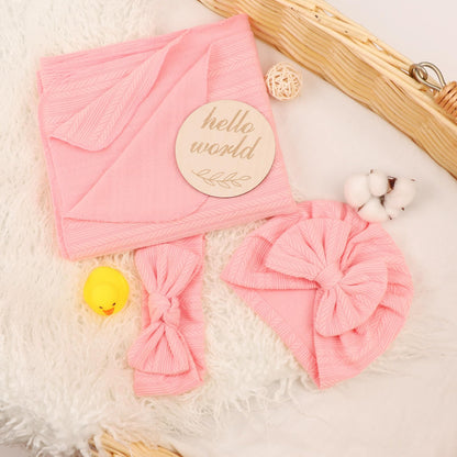 DRESHOW BQUBO Baby Swaddle Blankets for Girls, 4PCS Newborn Accessories Set with Matching Hat and Bow Headband with Card