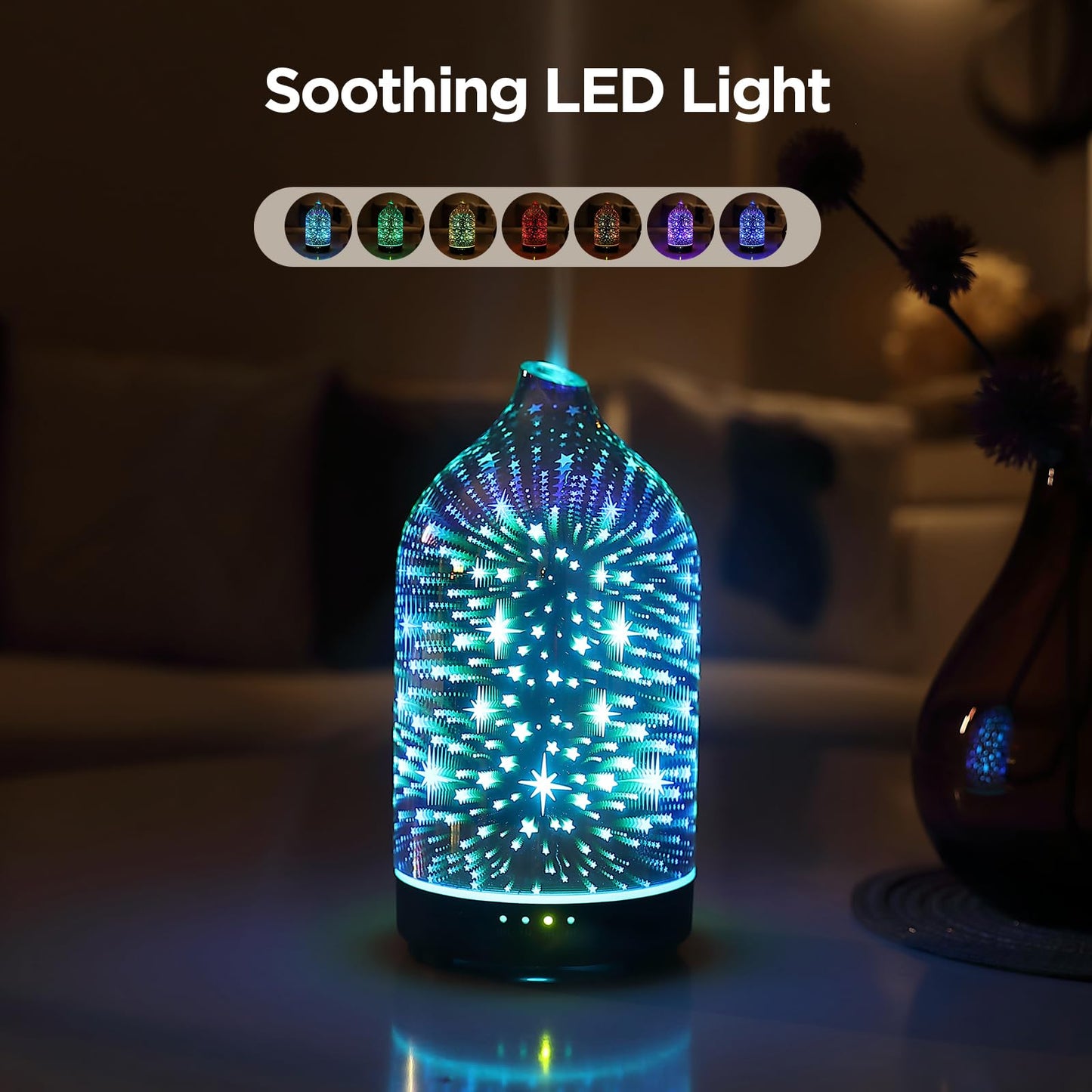 Essential Oil Diffuser Hand Blown Glass Aromatherapy Diffuser - Ultrasonic Cool Mist Scent Aroma Diffuser, Whisper Quiet with Auto Shut-Off, Timer Setting &7 Colors Night Light for Home