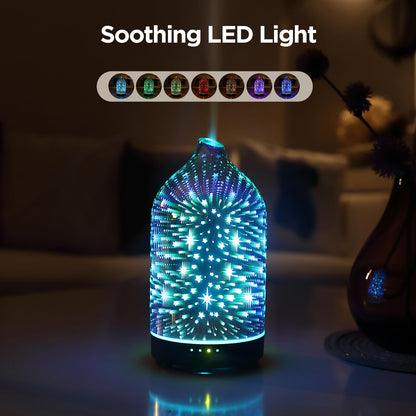 Essential Oil Diffuser Hand Blown Glass Aromatherapy Diffuser - Ultrasonic Cool Mist Scent Aroma Diffuser, Whisper Quiet with Auto Shut-Off, Timer Setting &7 Colors Night Light for Home