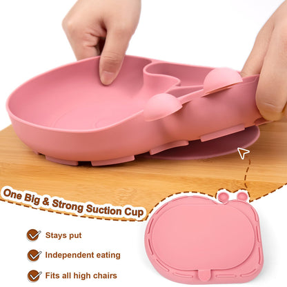 Silicone Baby Plate with Super Suction – Snail Shape 3 Compartment Toddler Food Plate Self Feeding Unbreakable Eating Supplies for Boys and Girls (Pink) (Green)