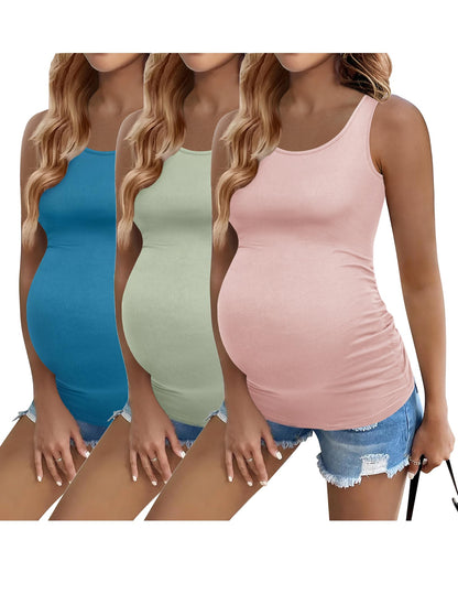 Ekouaer 3 Pack Women Maternity Tank Tops Ruch Side Basic Shirts Summer Postpartum Tops Sleeveless Pregnancy Workout Clothes