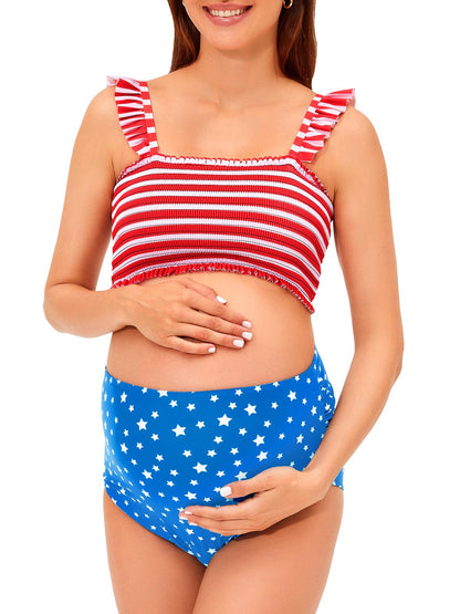 Summer Mae Maternity High Waist Bikini Swimsuit Two Piece Ruffled Hem Cute Bathing Suit Floral Pregnancy Swimwear