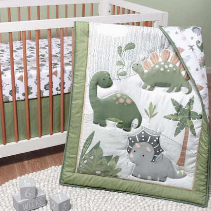 The Peanutshell 3 Piece Baby Crib Bedding Set for Boys - Newborn, Infant & Toddler Nursery Bed Set Decor with Fitted Crib Sheet, Dust Ruffle Comforter - Dinosaur Dreams