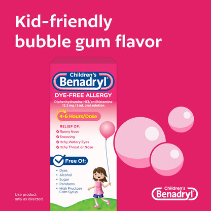 Benadryl Children's Dye-Free Allergy Relief Liquid + 12.5 mg Diphenhydramine HCl, Antihistamine Allergy Medicine for Kids Helps Relieve Runny Nose & Sneezing, Bubble Gum Flavor, 8 fl. oz