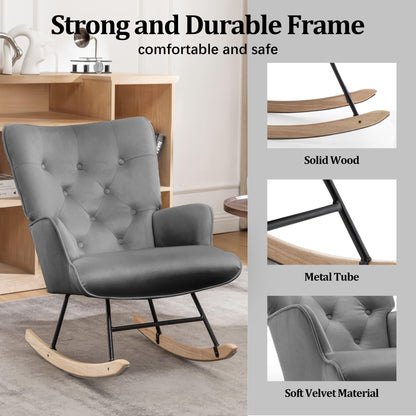 Rocking Chair for Nursery, Comfy Velvet Fabric Glider Rocker, Reading Chair with Support Seating and Side Pockets, Rocking Recliner Chair for Living Room, Bedroom, Balcony, Creamy Beige