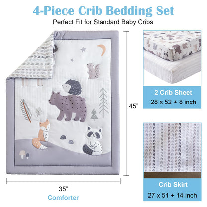 Crib Bedding Set 4 Pieces – Includes Comforter, 2 Fitted Sheets for Easy Changing, Crib Skirt – Soft, Breathable, Machine Washable – Fits Standard Crib Mattress – Baby Nursery Set for Boys & Girls