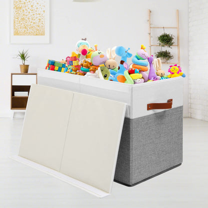 Large Toy Storage Box with Lid, Sturdy Toys Storage Chest Bin Organizer Basket with Dividers for Kids, Boys, Girls, Nursery, Closet, Bedroom, Playroom 25"x13" x16" (Beige and White)