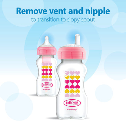 Dr. Brown’s Anti-Colic Options+ Wide-Neck Sippy Bottle Starter Kit, 9oz/270mL, with Level 3 Medium-Fast Flow Nipple and Soft 100% Silicone Sippy Spout, Pink, BPA Free, 6m+