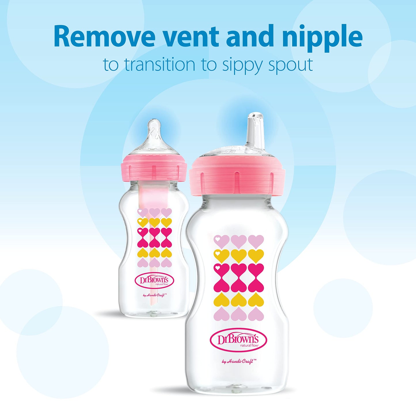 Dr. Brown’s Anti-Colic Options+ Wide-Neck Sippy Bottle Starter Kit, 9oz/270mL, with Level 3 Medium-Fast Flow Nipple and Soft 100% Silicone Sippy Spout, Pink, BPA Free, 6m+