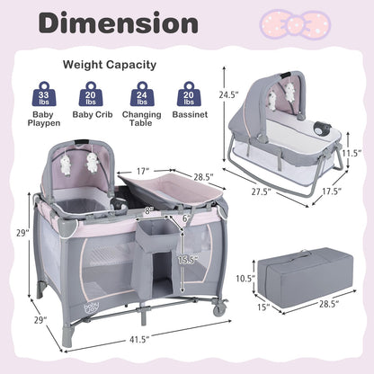 BABY JOY 5 in 1 Pack and Play, Portable Baby Playard w/Bassinet & Diaper Changing Table, Infant Pink Bassinet Crib with Toys & Music & Oxford Bag for Baby Girl Toddlers (Pink + Purple, Starry Sky)