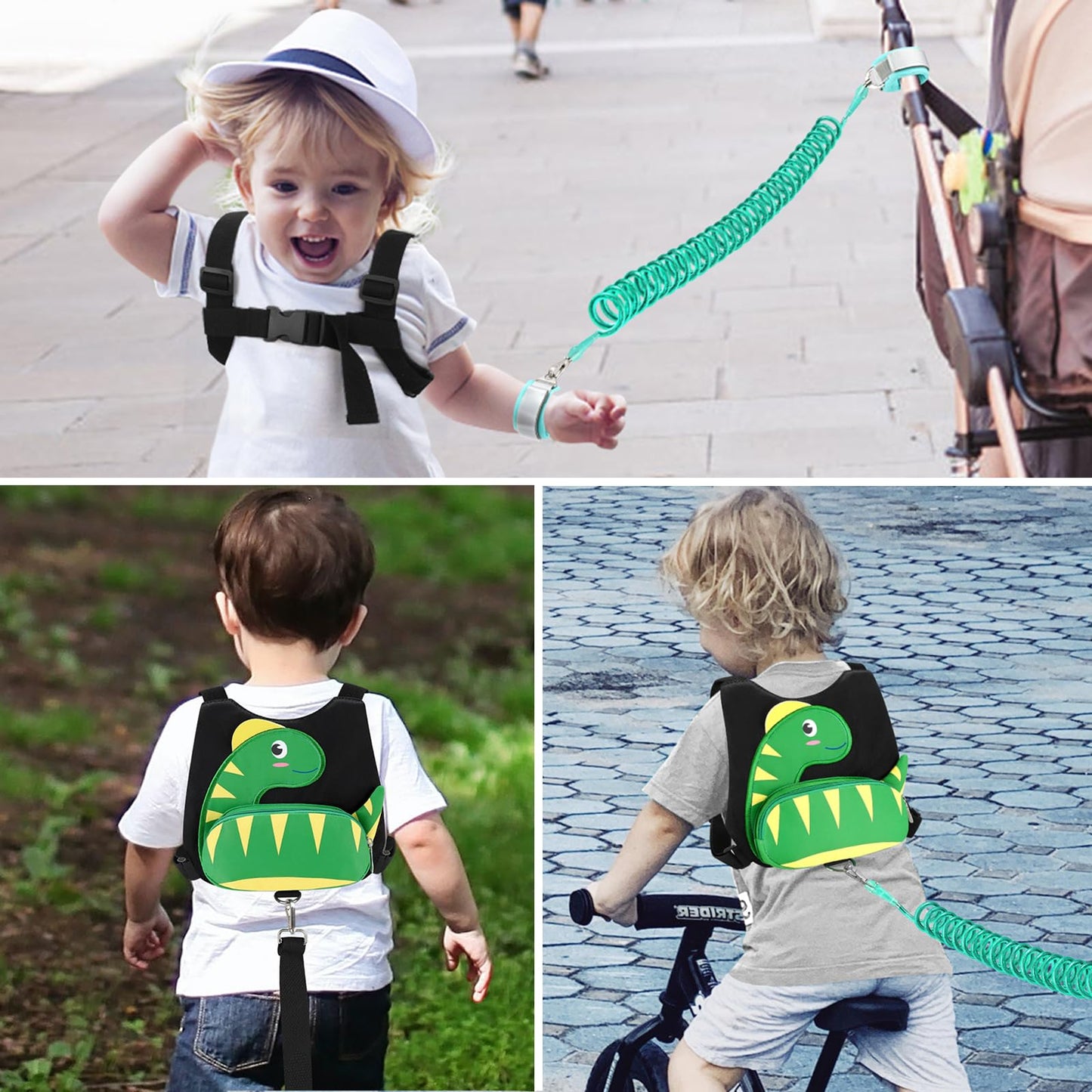 Accmor Toddler Harness with Leash, Cute Dinosaur Kids Harness + Anti Lost Wrist Link, Mini Child Harness Leash Wristband Strap Belt Protector for Baby Boys Girls to Outdoor Travel (Blue)
