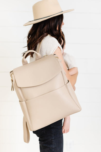 Leather Diaper Bag Backpack with USB Charging port, Changing Pad, Stroller Straps, and Bottle Holder (Brown Olivia)