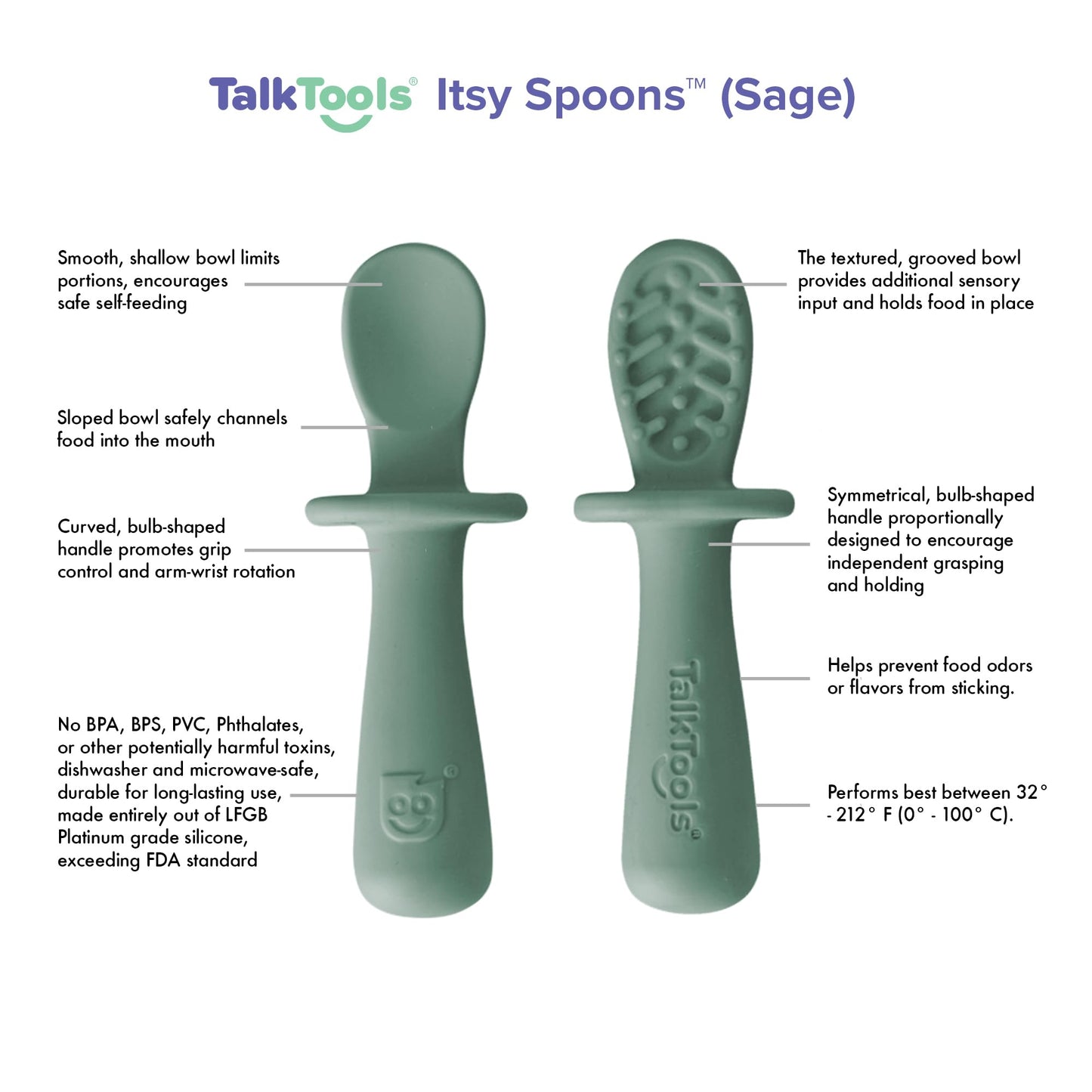 TalkTools ITSY Tiny Silicone Spoons – Twin Pack Soft Silicone Self-Feeding Training Spoons for Kids & Toddlers, Anti-Choking Flange Guard and Non-Slip Handle (Ocean)