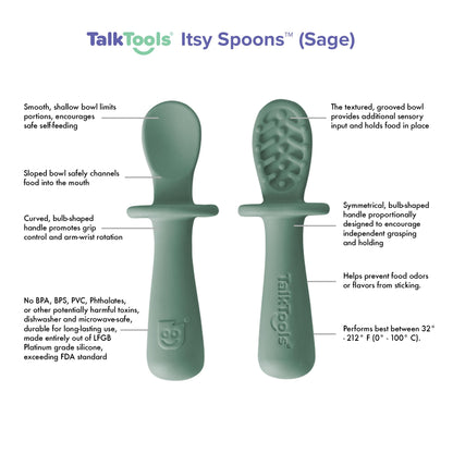 TalkTools ITSY Tiny Silicone Spoons – Twin Pack Soft Silicone Self-Feeding Training Spoons for Kids & Toddlers, Anti-Choking Flange Guard and Non-Slip Handle (Ocean)