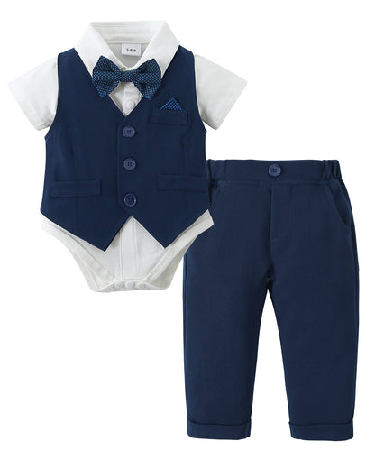 DISAUR Baby Boy Clothes Toddler Boy Outfits 4PCS Gentleman Dress Romper/Vest/Pants/Bow Tie Cotton Suit Sets