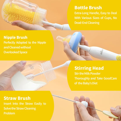 Electric Bottle Brush Cleaner New Upgrade, Portable Electric Baby Bottle Brush Cleaner for Travel, Travel Bottle Cleaner Kit with Nipple & Straw Brush, Perfect Mom Essentials After Birth Gift, Green
