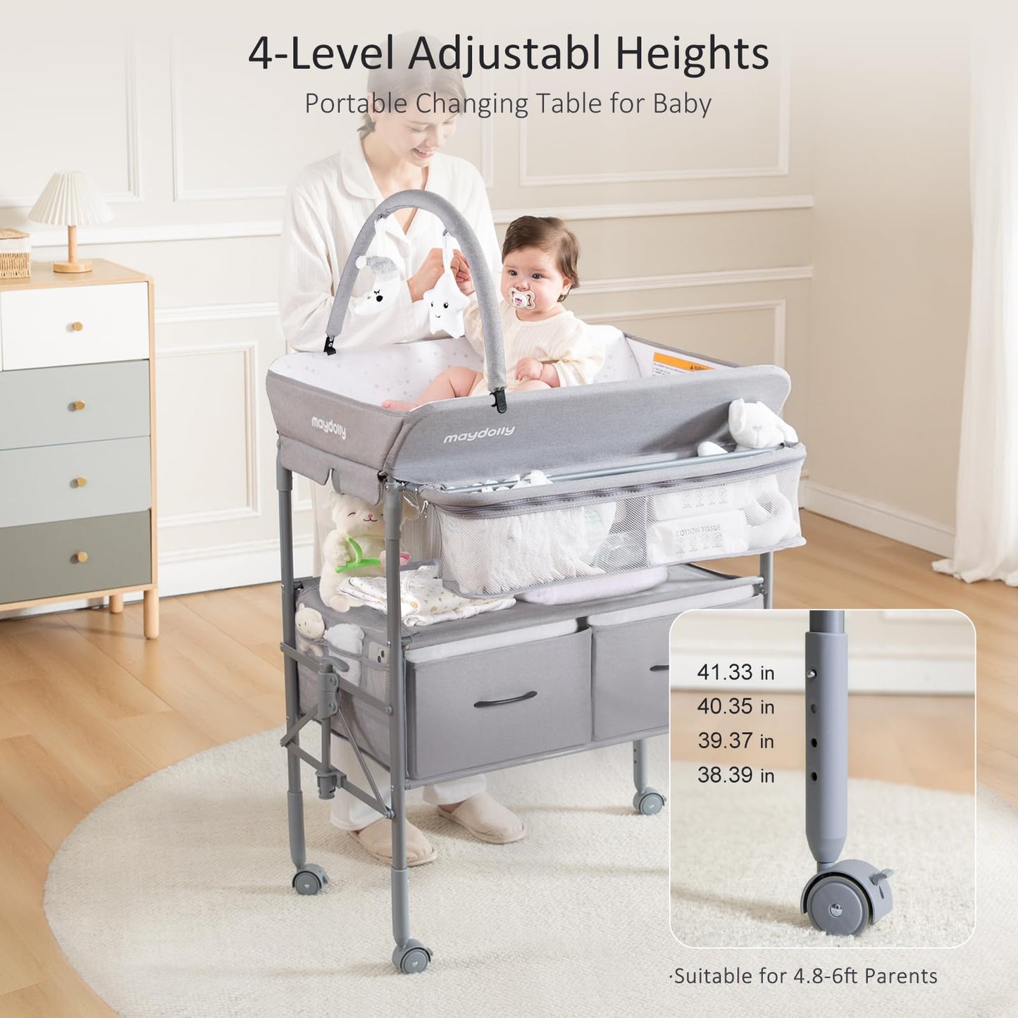 Baby Changing Table with Wheels, Maydolly Portable Foldable Changing Table, Waterproof Diaper Changing Station, Adjustable Height Changing Station, Mobile Nursery for Newborn and Infant (Grey)