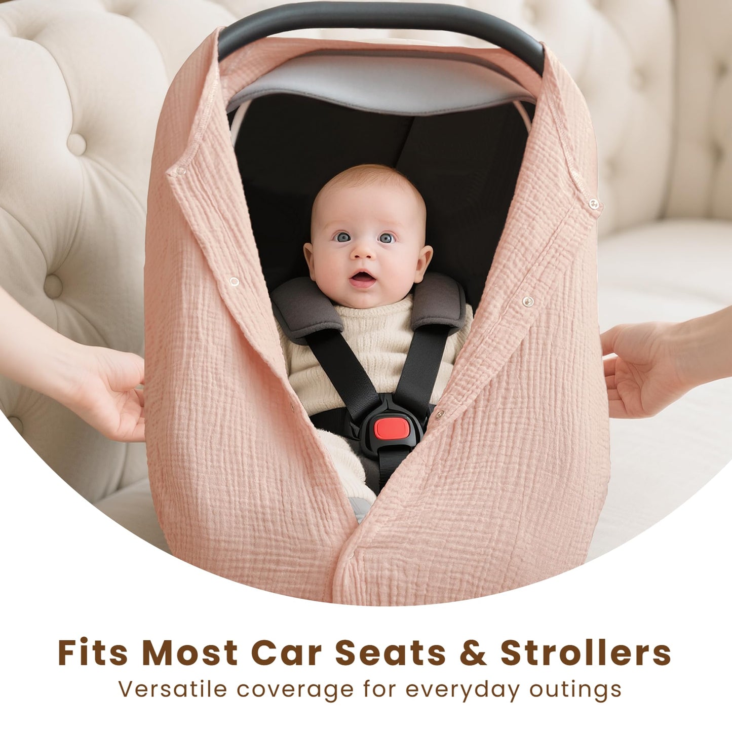 Konssy Car Seat Cover for Baby, Muslin Cotton Button Open Stroller Canopy for Babies Shower Gifts and Registry Search, Breathable Infant Sunshade Cover, Must Have for Unisex Boys and Girls, Fog Green