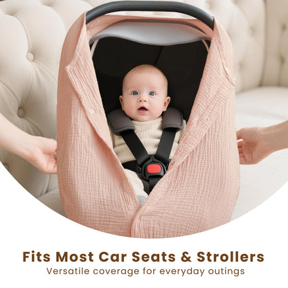 Konssy Car Seat Cover for Baby, Muslin Cotton Button Open Stroller Canopy for Babies Shower Gifts and Registry Search, Breathable Infant Sunshade Cover, Must Have for Unisex Boys and Girls, Fog Green