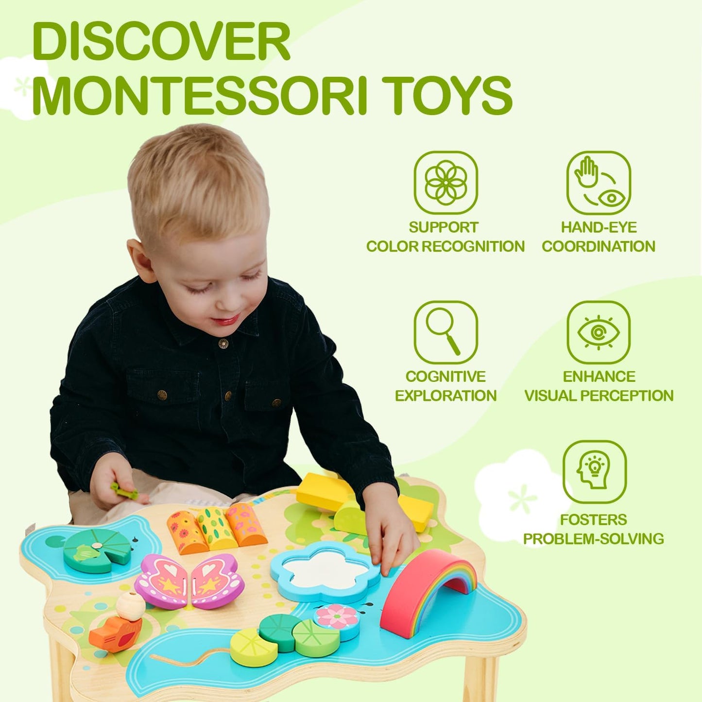 Monläurd® Montessori Wooden Activity Center & Play Table for Baby to Toddlers, Activity Table with Motor Skill Development, Daycare Essentials for Early Learning