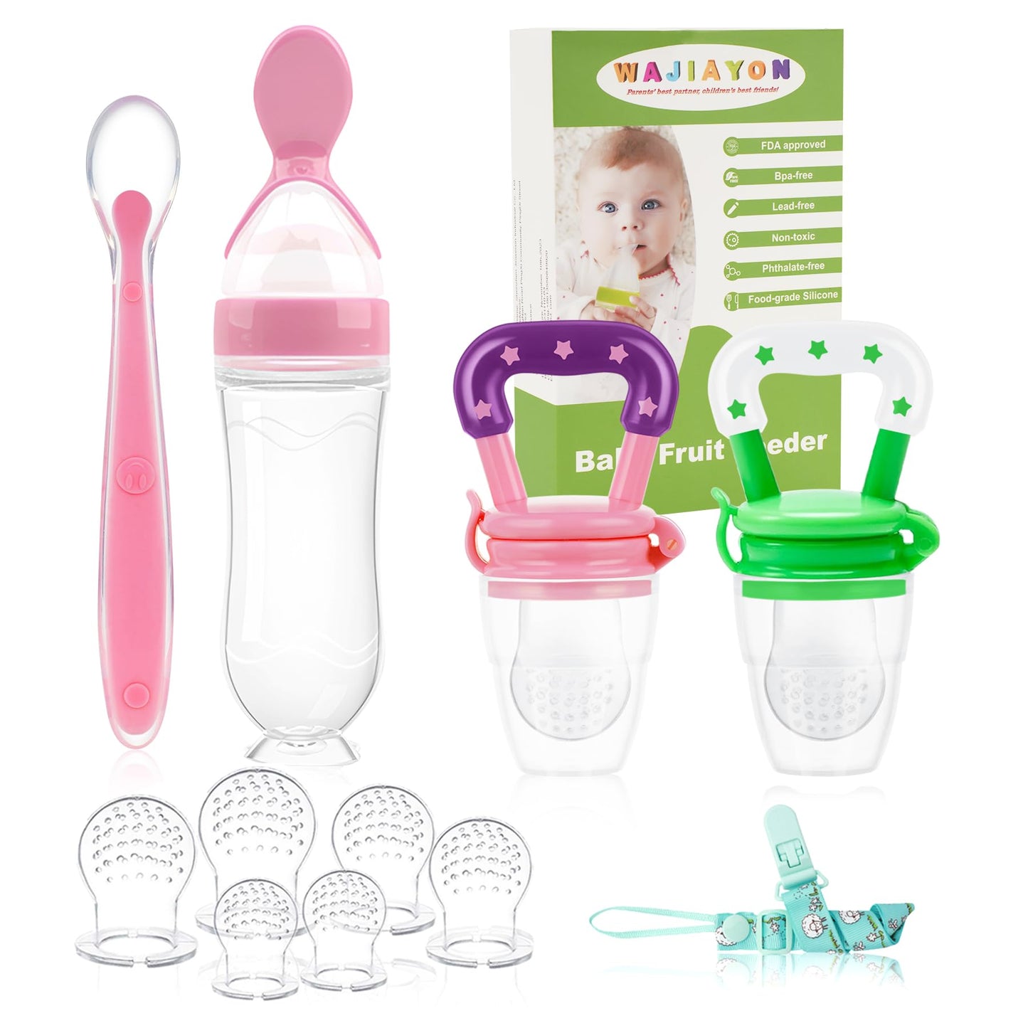 WAJIAYON Baby Fruit Feeder Pacifier | Infant Food Feeder Pacifier & Food Dispensing Spoon | Mesh Fresh Fruit Teethers for Babies | Silicone Feeder Baby Shower Gifts for Boys and Girls (Pink)