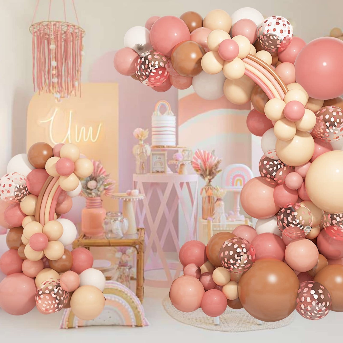 Amandir Boho Daisy Balloons Garland Arch Kit, Retro Dusty Rose Pink Blush Brown Nude Flower Balloons for Boho Daisy Flower Theme Birthday Baby Shower Wedding Mothers Day Party Decorations Supplies