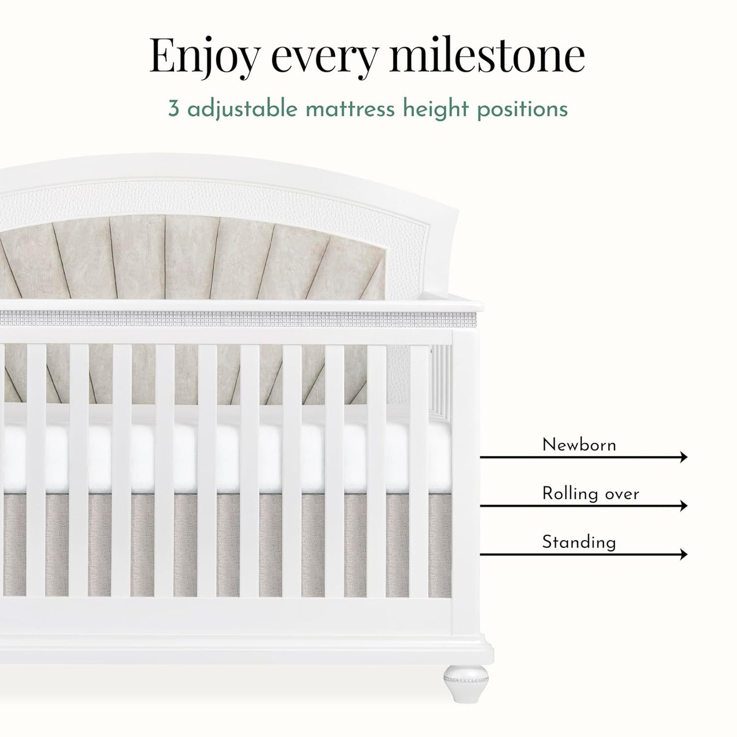 Evolur Nova 5-in-1 Convertible Crib in a Shimmering Stardust Finish, Crafted from Solid Wood, Features a Velvety upholstered headboard and Crystal-Like Accents on The Footboard