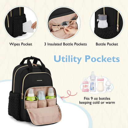 mommore Diaper Bag Small Diaper Backpack Stylish Baby Travel Backpacks with Insulated Pockets, Changing Pad, Stroller Straps