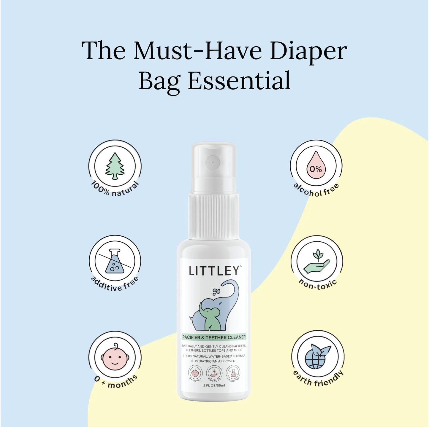 Littley Pacifier & Teether Cleaner with Hypochlorous Acid, Non-Toxic & Alcohol-Free, Gentle Formula for Cleaning Baby & Toddler Essentials, 2oz Travel-Size Spray Bottle
