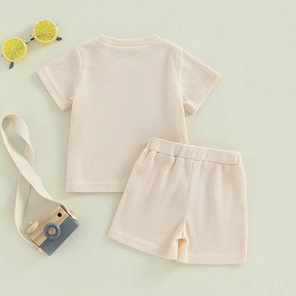 Toddler Baby Boy Summer Clothes Embroidered Waffle Short Sleeve T-Shirts Elastic Shorts Newborn Infant Boy Outfits